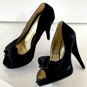 Black Platform Pumps Heels Rosette Flower Open Toe Peep Toe Heels Shoes, 7M